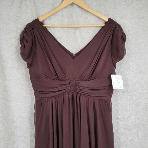 Suzi Chin for Maggy Boutique 100% Silk Chiffon Midi Dress Chocolate Brown NEW - Picture 2 of 13
